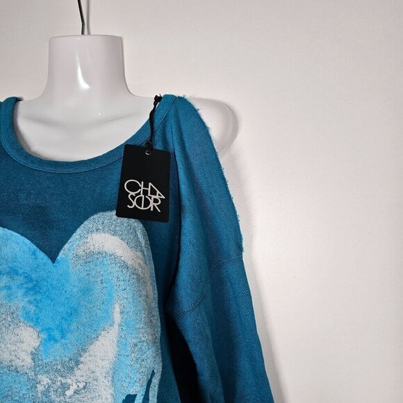 Chaser‎ Graphic Cold Shoulder Sweatshirt Blue Dripping Heart Cotton Blend NWT S - Picture 8 of 8